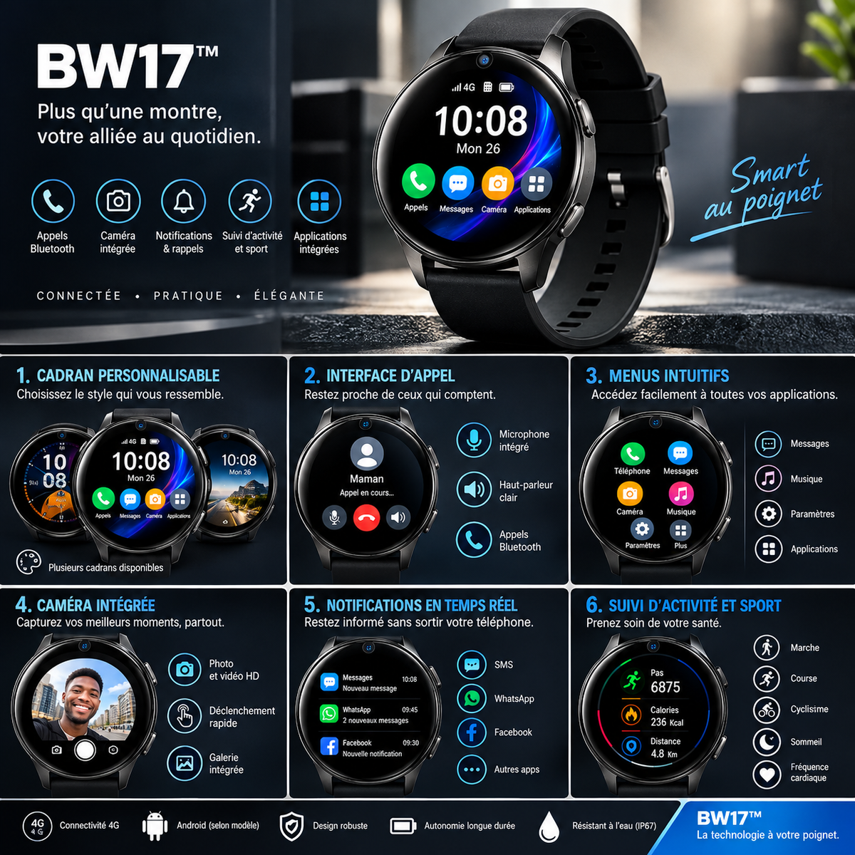 BW17 Montre Connectée Intelligente™ —  Appels, Notifications, Photo, GPS et Suivi Sportif